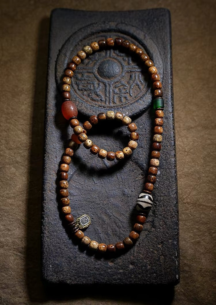 Star-and-Moon Bodhi Seed & Dzi Bead Necklace product detail