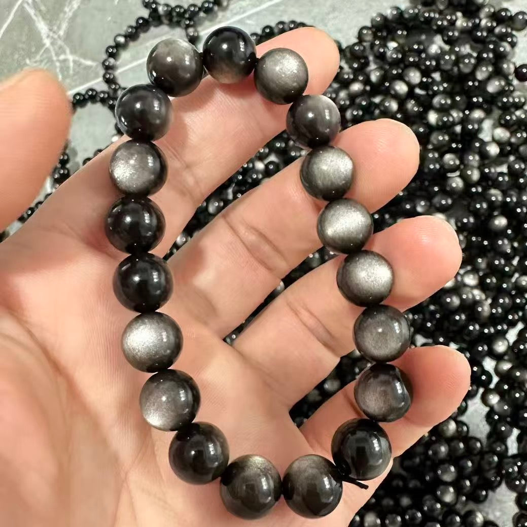Natural silver sheen obsidian bracelet with polished 7 mm round beads by LuckyWE product detail