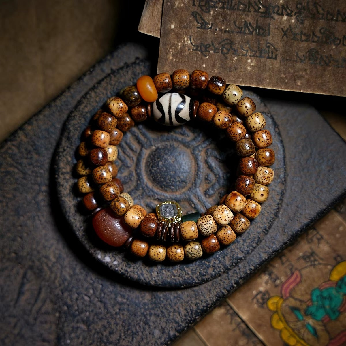Star-and-Moon Bodhi seed bracelet, Dzi bead bracelet, men's bracelet, men's jewelry, Buddhist-style jewelry, Tibetan-style jewelry, Feng Shui bracelet, couples' bracelet, unisex, natural Bodhi seeds, handmade. product detail