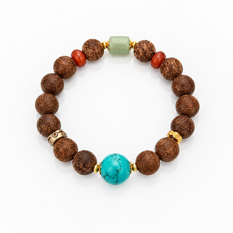 Turquoise and Sandalwood Bracelet – Feng Shui Accessory, Natural Wood, Unisex, Gift, Blessing & Protection; Suitable for Women; "Old Money" Aesthetic, New Chinese Style, Traditional Asian Bracelet.